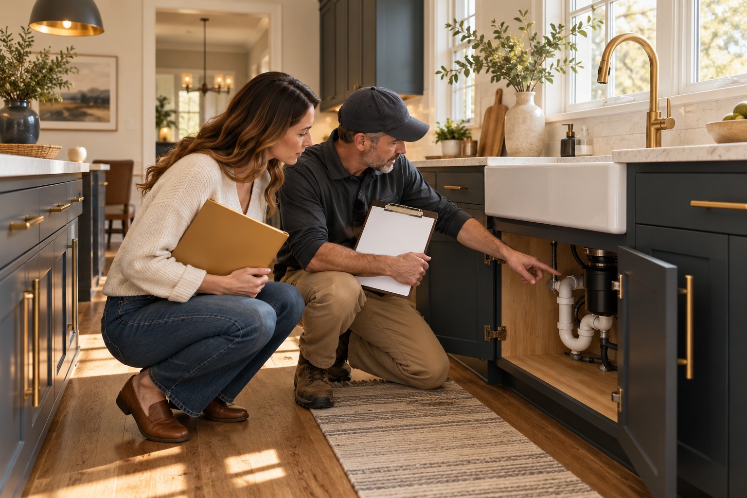 Conceptual illustration of a buyer and inspector reviewing a kitchen plumbing area with a blank checklist.