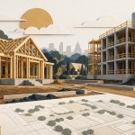 Conceptual illustration for September 2026 housing starts: detached-house framing and an apartment building under construction.