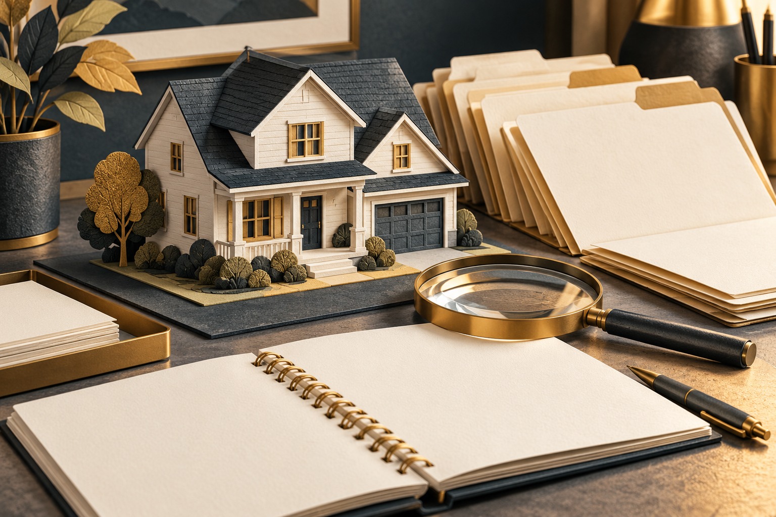 Conceptual house model, magnifying glass, blank notebook and property file folders on a research desk.