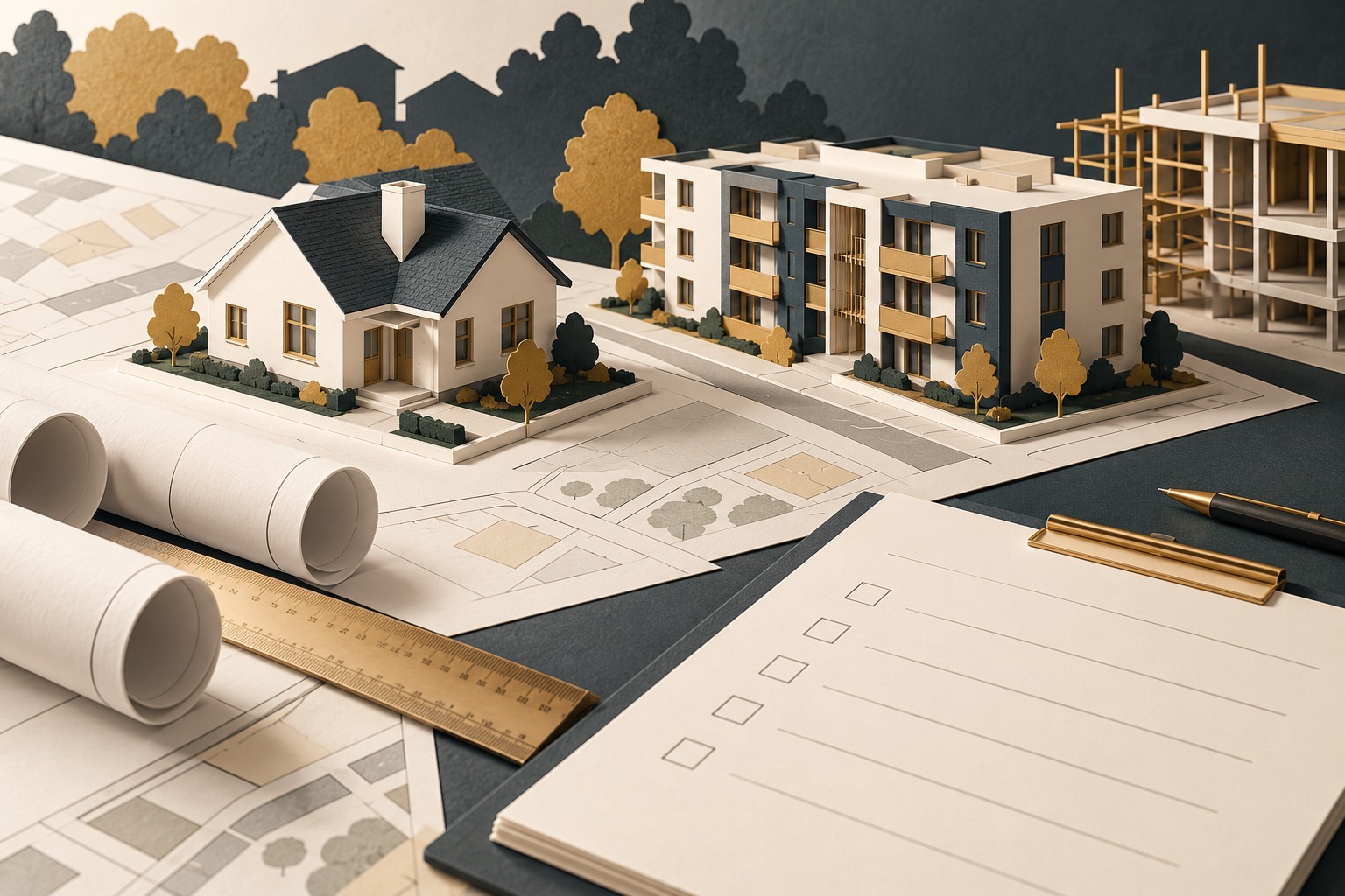 Conceptual architectural desk with detached-house and apartment models, blank plans and an empty checklist.