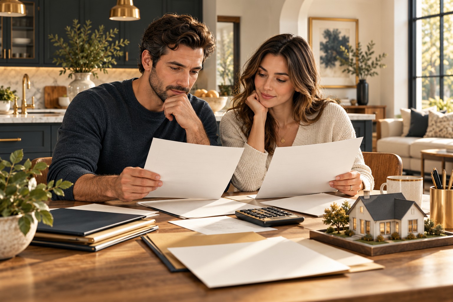 Conceptual illustration of homebuyers comparing blank lender documents with a calculator and house model.