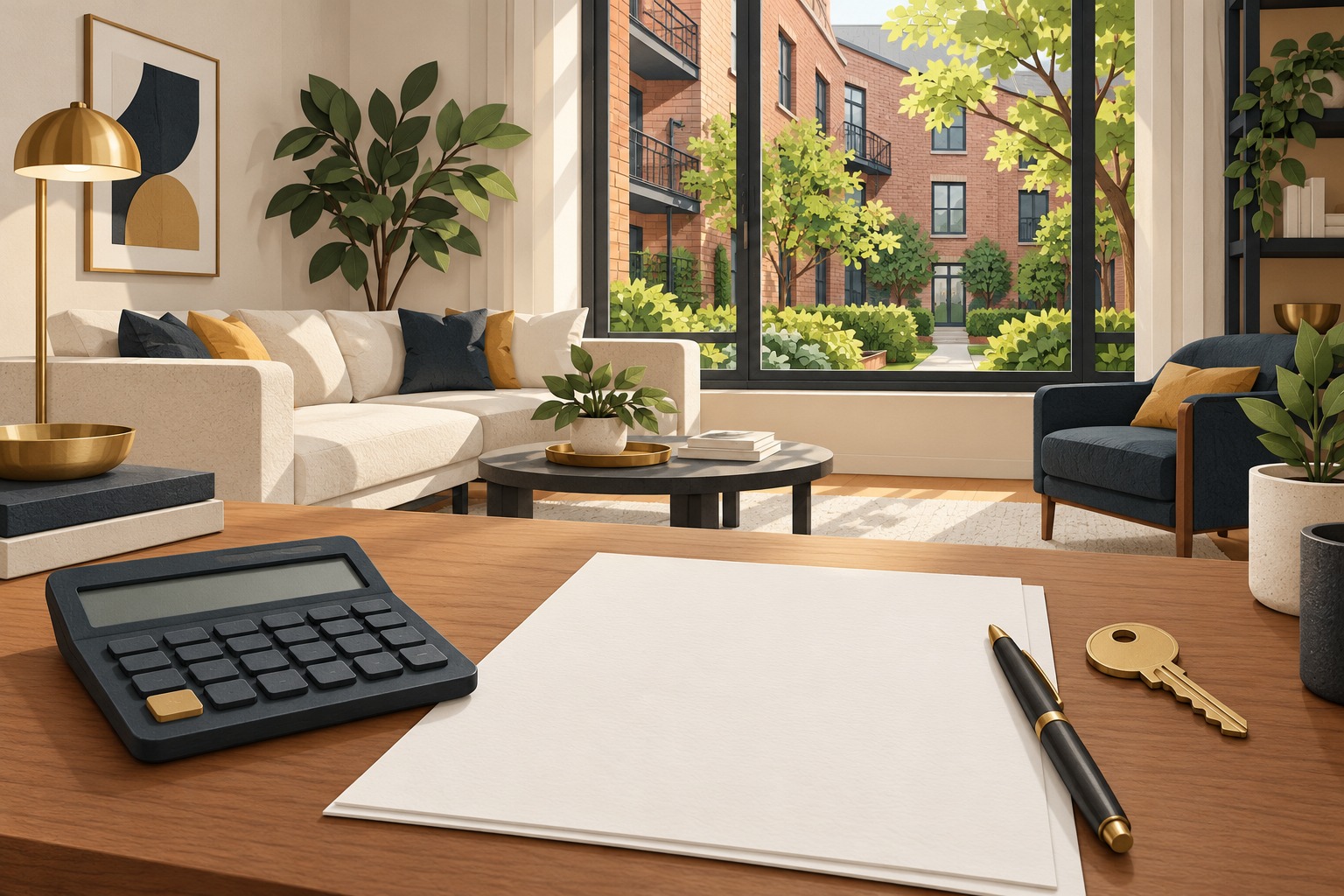 Conceptual apartment interior with a blank lease sheet, unmarked calculator and key on a desk.